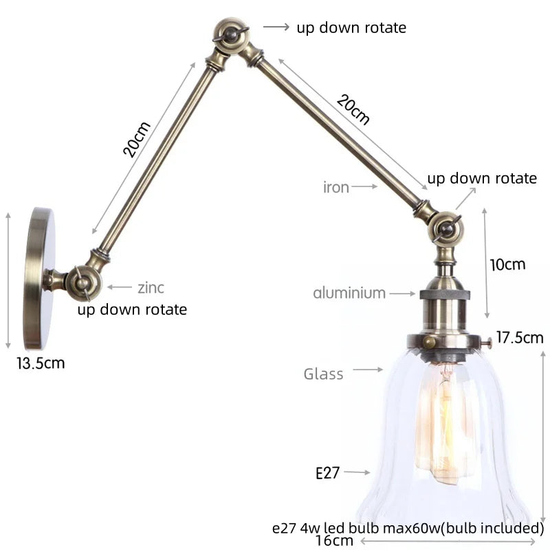 Helnys Vintage Clear Glass LED Wall Lamp with Pull Chain Switch