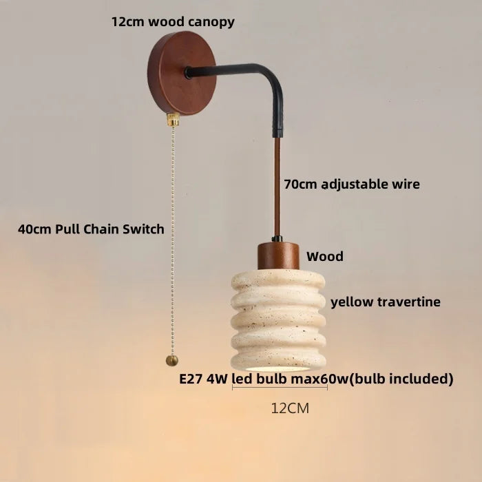 Helnys Adjustable LED Wall Lamp Pull Chain Switch Wood Nordic Modern Yellow Travertine