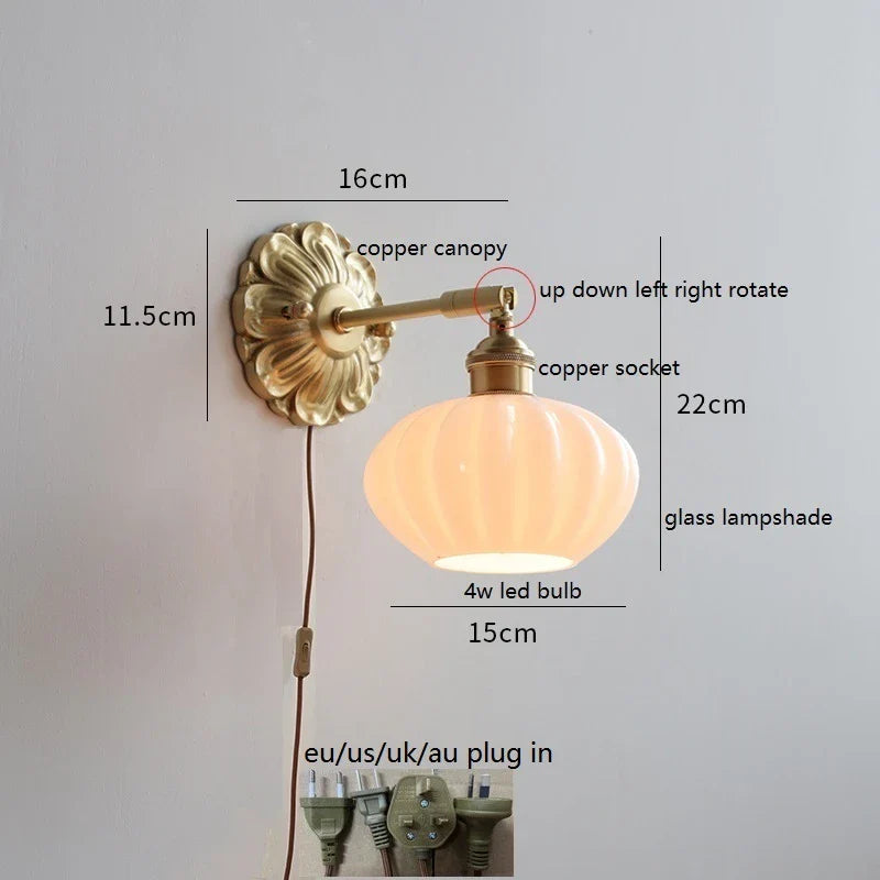 Helnys LED Wall Sconce Switch Wood Bedroom Living Room Copper Arm Wall Light