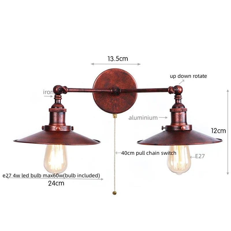 Helnys 2-heads Loft LED Wall Lights Stair Bedside Lamp Industrial Style