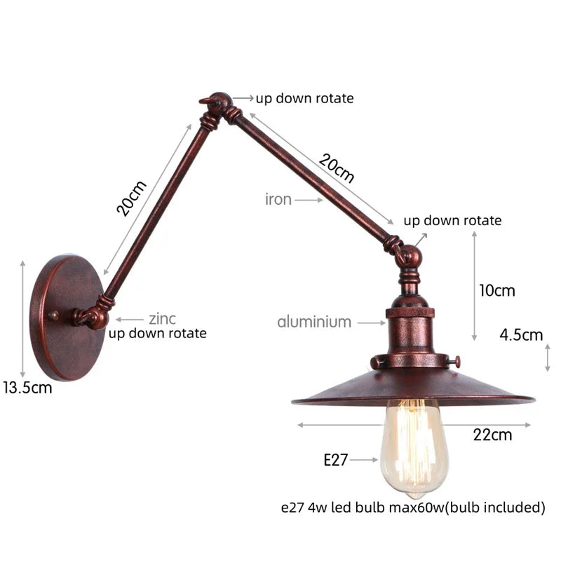 Helnys Vintage Industrial Style Long Arm LED Wall Sconce Bedside Lamp
