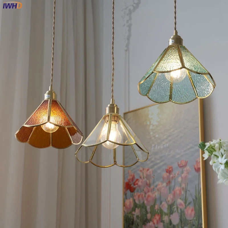 Helnys Vintage Copper Pendant Lamp Flower Glass Lights