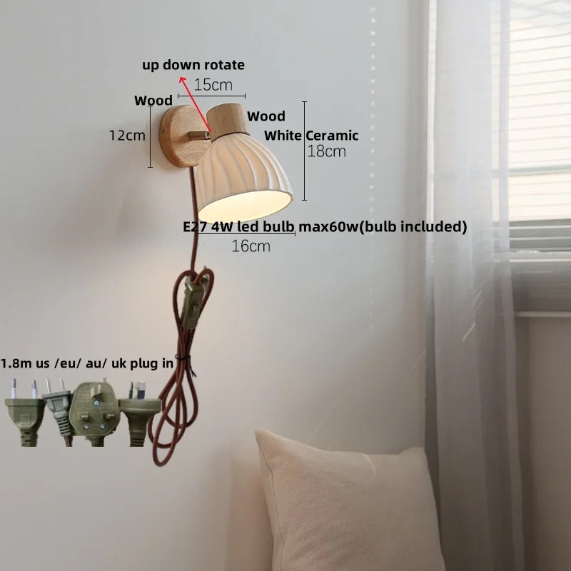 Helnys Ceramic LED Wall Light, Modern Nordic Rotate Wood Bedside Lamp