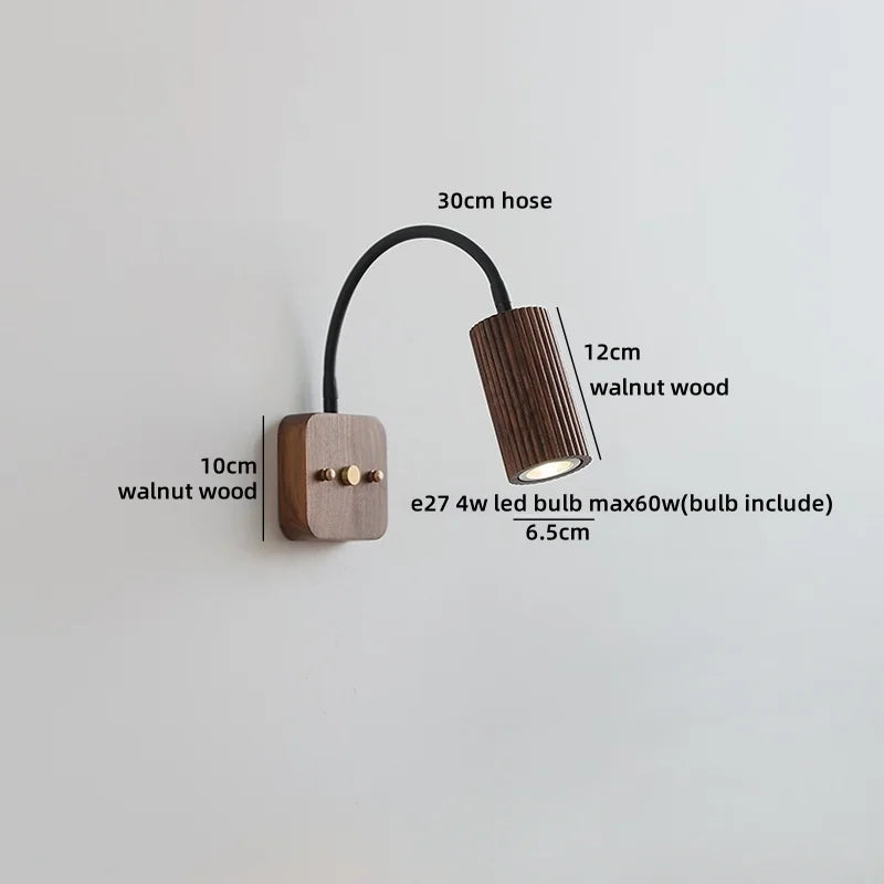 Helnys Vintage LED Wall Light Walnut Wood Black Hose Bedside Lamp