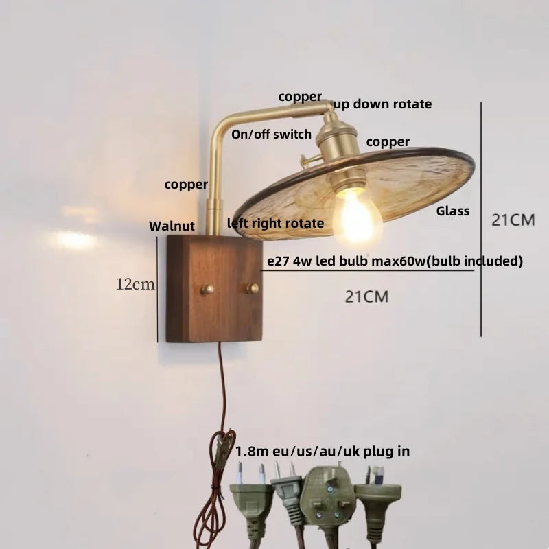 Helnys LED Wall Light Fixture Walnut Wood Copper Bedside Lamp Rotation Dining Room