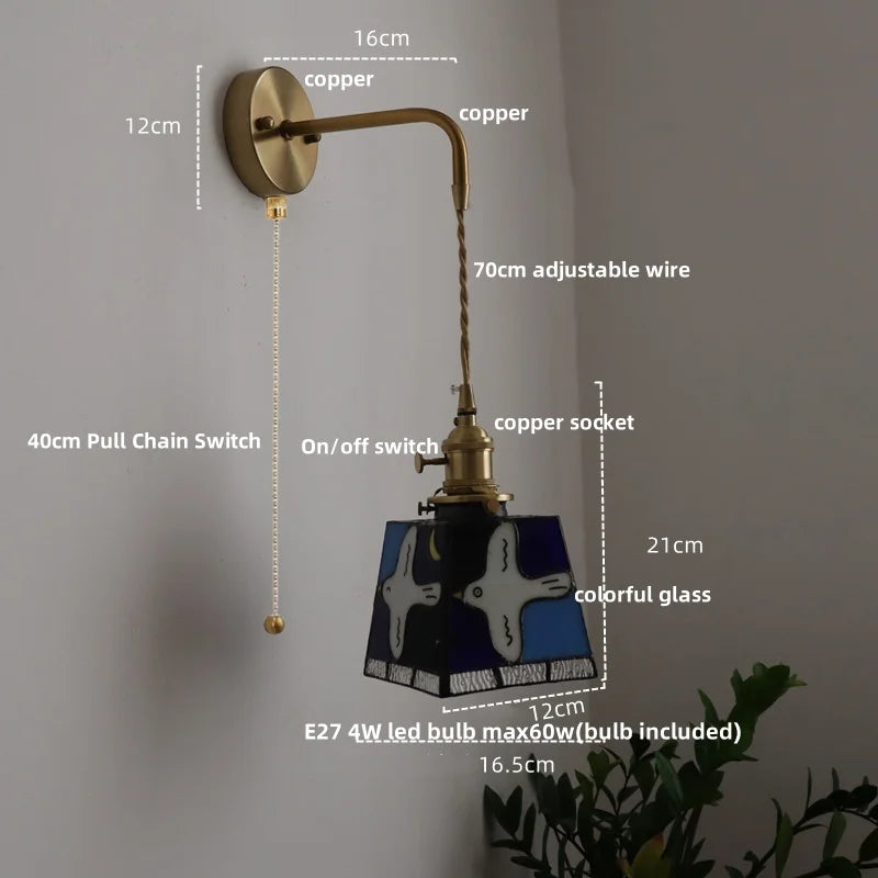Helnys Tiffany Style LED Wall Sconce with Pull Chain Switch Glass Stair Light