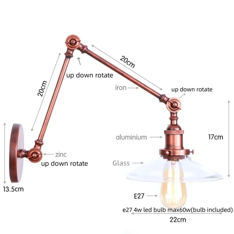 Helnys Adjustable Glass Wall Sconce Pull Chain Switch Industrial Rustic LED Fixture