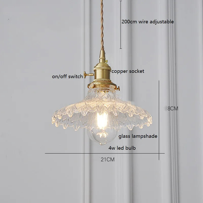 Helnys Green Glass LED Pendant Lamp with Copper Wood Handle for Dinning Living Room