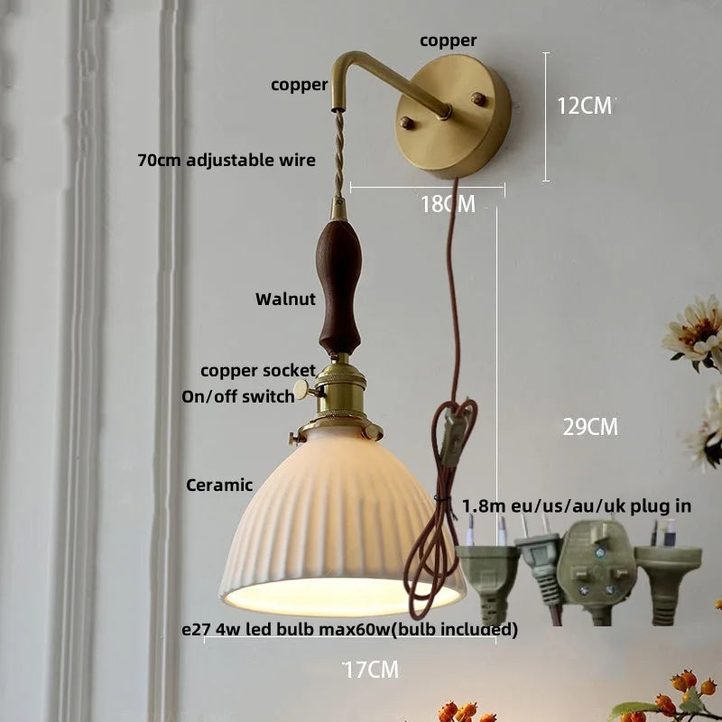 Helnys Walnut Wood LED Wall Sconce Modern Copper Pull Chain Switch Stair Light Fixtures