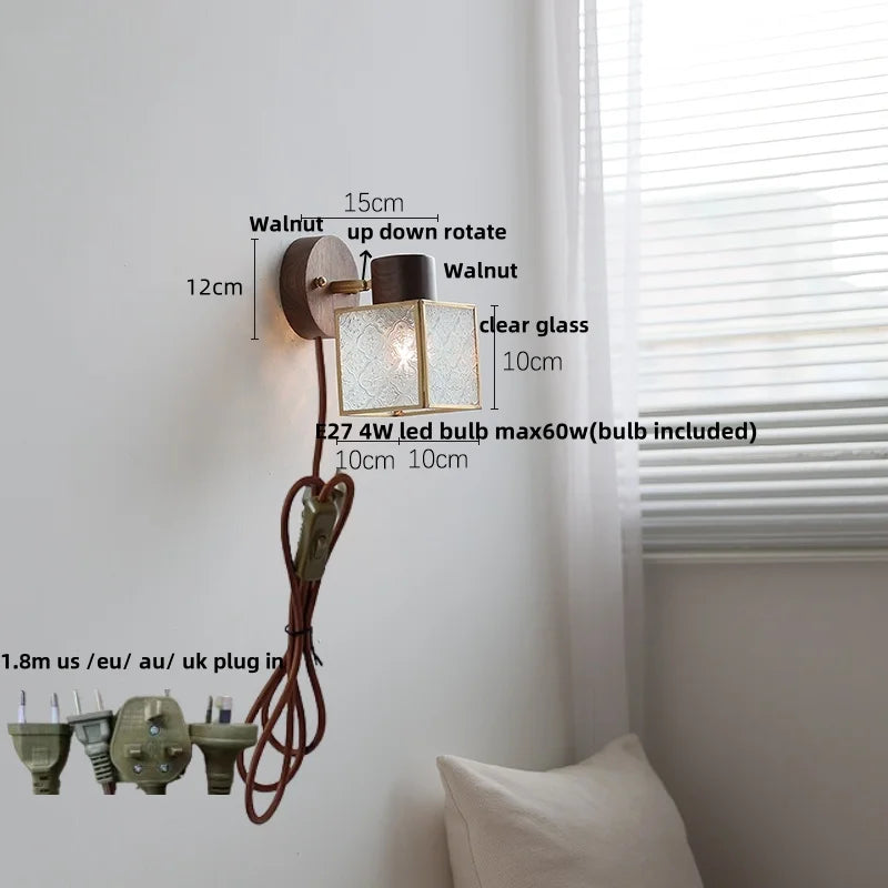 Helnys LED Wall Lights Nordic Modern Pull Chain Clear Glass Walnut Wood Wall Lamp