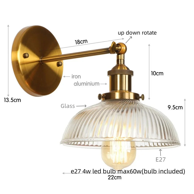 Helnys Vintage LED Wall Light with Pull Chain Switch, Rustic Industrial Bedside Lamp