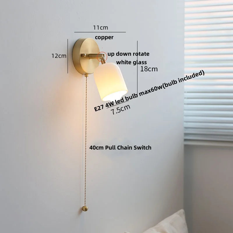 Helnys Nordic Modern Walnut Wood Wall Light with LED, Glass Shade & Pull Chain Switch