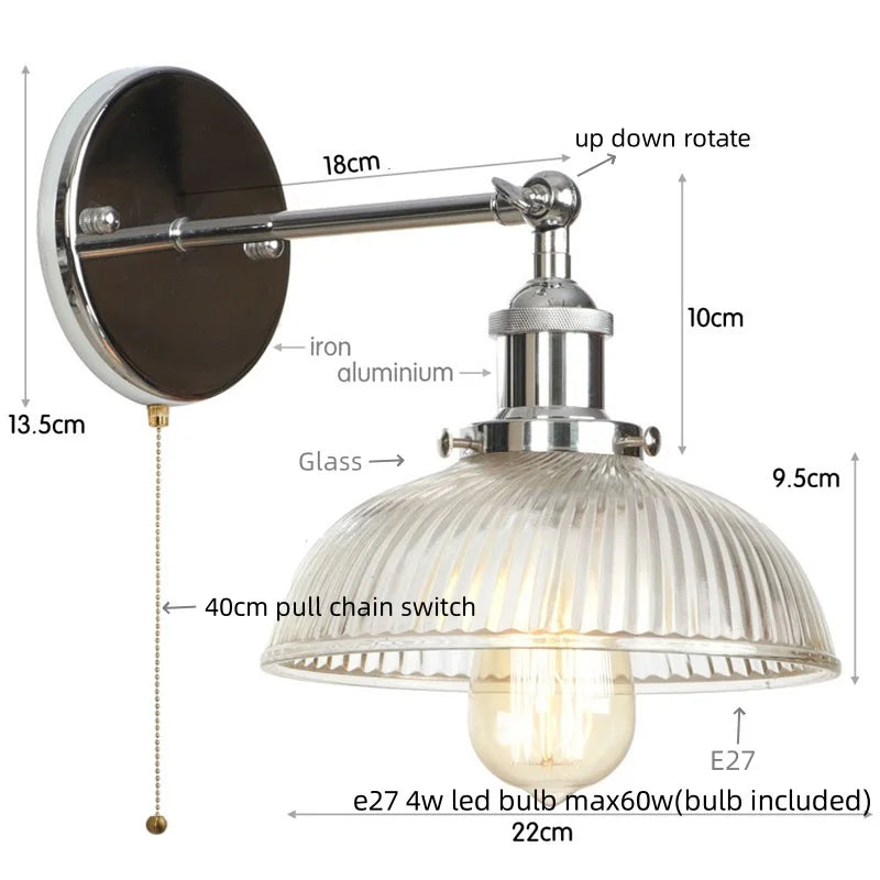 Helnys Glass Industrial LED Wall Sconce Pull Chain Switch Bedside Lamp