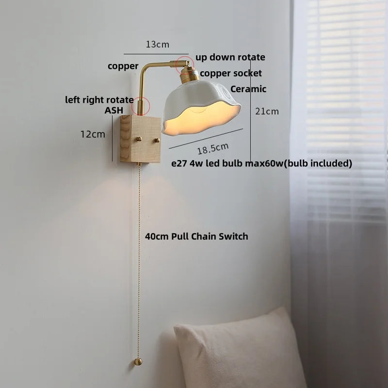 Helnys Ash Wood LED Wall Light with Pull Chain Switch & Rotatable White Glass