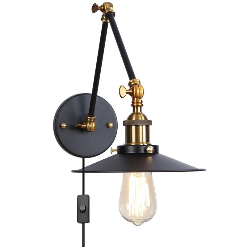 Helnys Adjustable Black Iron LED Wall Light - Industrial Vintage Bedside Lamp