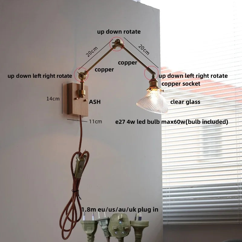 Helnys Green LED Swing Arm Wall Lamp Sconce with Walnut Wood Finish