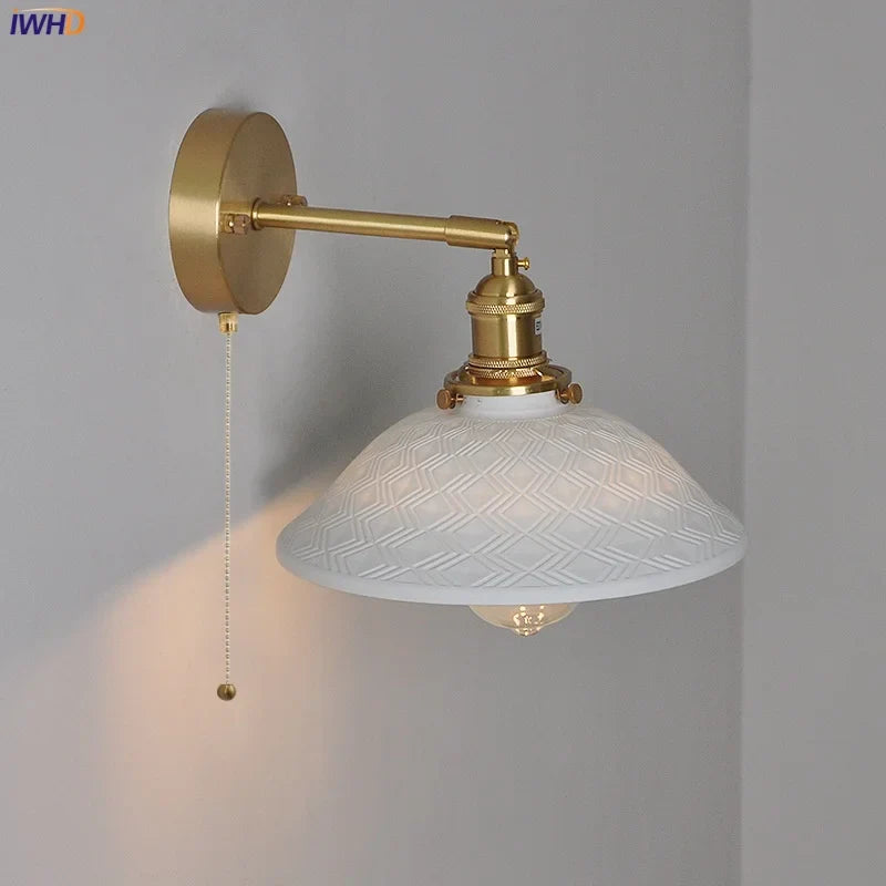 Helnys Nordic LED Wall Light Brass Bedside Lamp Chrome Pull Chain Switch