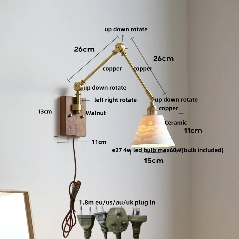 Helnys Wood LED Wall Lights Modern Ceramic Bedside Lamp Sconce