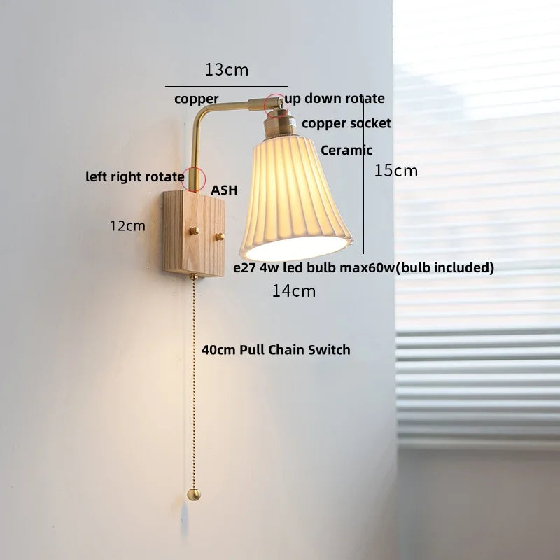 Helnys Ash Wood LED Wall Light with Pull Chain Switch & Rotatable White Glass