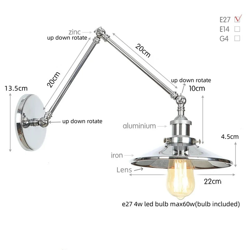 Helnys Vintage Industrial Style Long Arm LED Wall Sconce Bedside Lamp