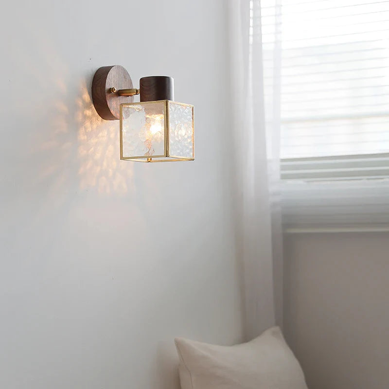 Helnys Clear Glass LED Wall Light Fixture Nordic Modern Walnut Wood Bedside Lamp