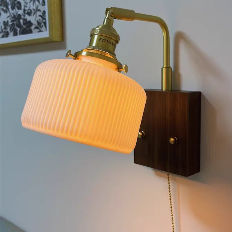 Helnys Rotatable Ceramic LED Wall Sconce Nordic Walnut Wood Bedside Lamp