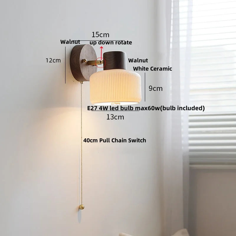 Helnys Modern LED Wall Light Fixture White Ceramic Walnut Wood Bedside Lamp