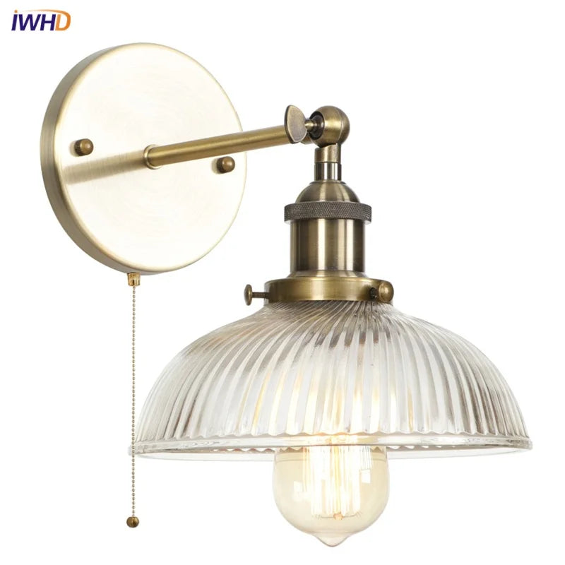 Helnys Glass Industrial LED Wall Sconce Pull Chain Switch Bedside Lamp