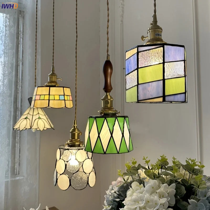 Helnys Green Glass LED Pendant Lamp Coffee Hallway Living Room Vintage Copper