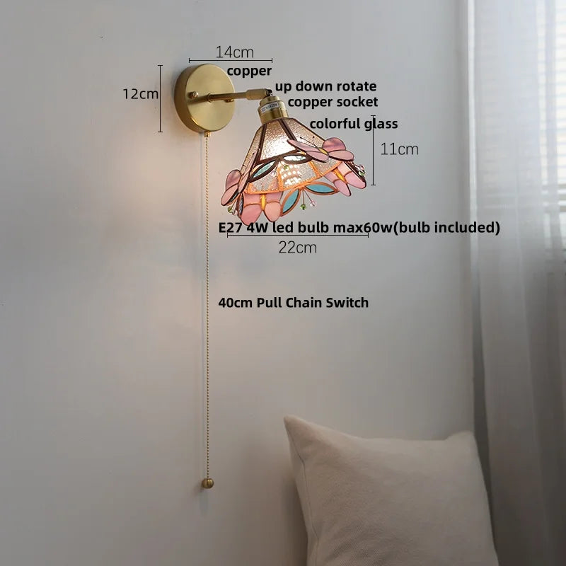 Helnys Copper LED Wall Lamp with Pull Chain Switch & Rotatable Glass Mirror Light