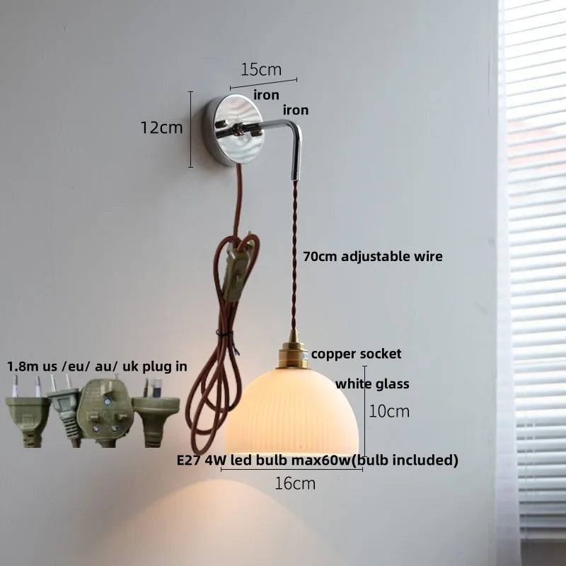 Helnys White Ceramic Canopy LED Wall Lamp with Pull Chain Switch