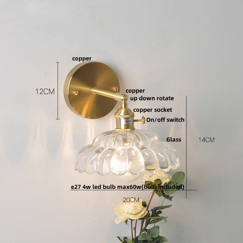 Helnys LED Wall Lights with Pull Chain Switch and Clear Glass Up Down Rotate Copper Finish