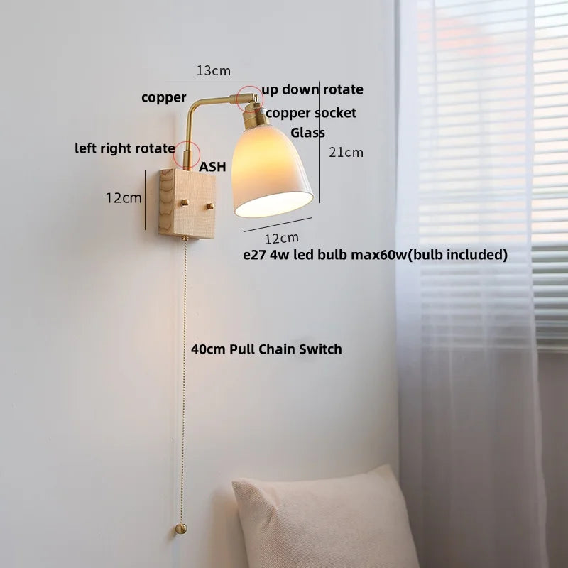 Helnys Ash Wood LED Wall Light with Pull Chain Switch & Rotatable White Glass