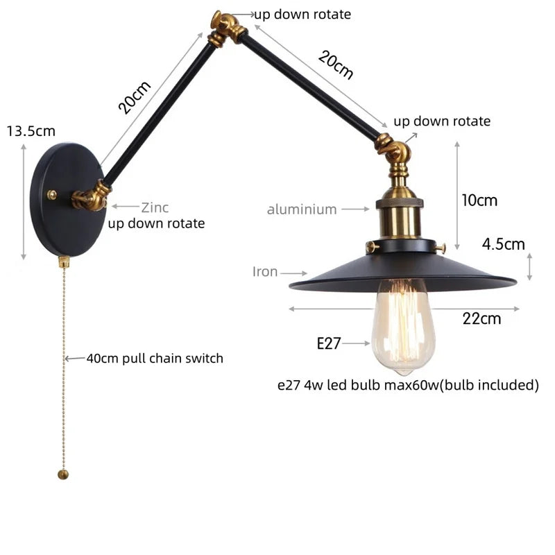 Helnys Adjustable Black Iron LED Wall Light - Industrial Vintage Bedside Lamp