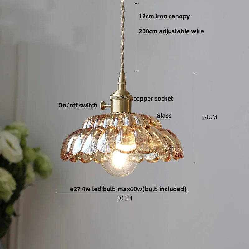 Helnys Amber Flower Glass Pendant Lights with Knob Switch, Adjustable Wire - 200cm