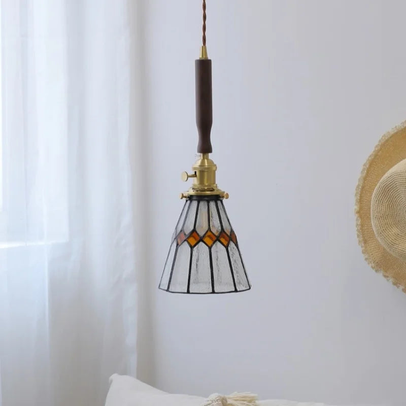 Helnys Tiffany Style Walnut Wood LED Pendant Lights with Copper Knob Switch