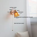 Helnys Amber Glass LED Wall Sconce Wood Pull Chain Switch Stair Light