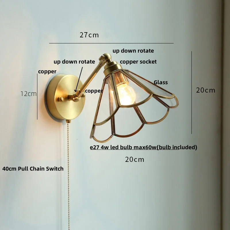 Helnys Vintage Brass Clear Glass Wall Lights Rotate Bedside Lamp