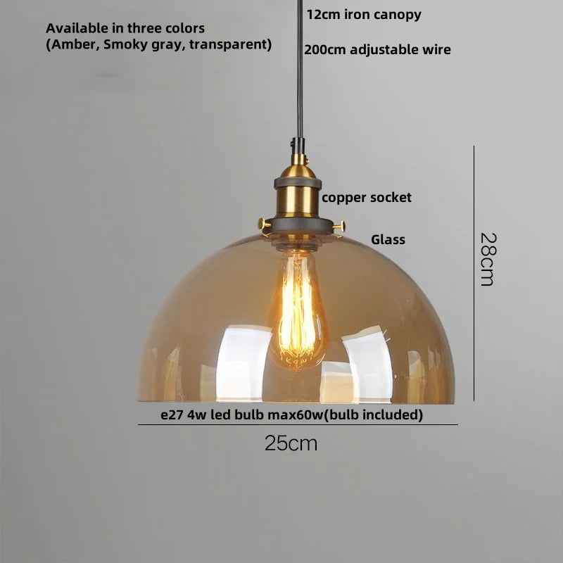 Helnys Loft Smoke Gray LED Pendant Lamp Brass Glass Vintage Hanging Light