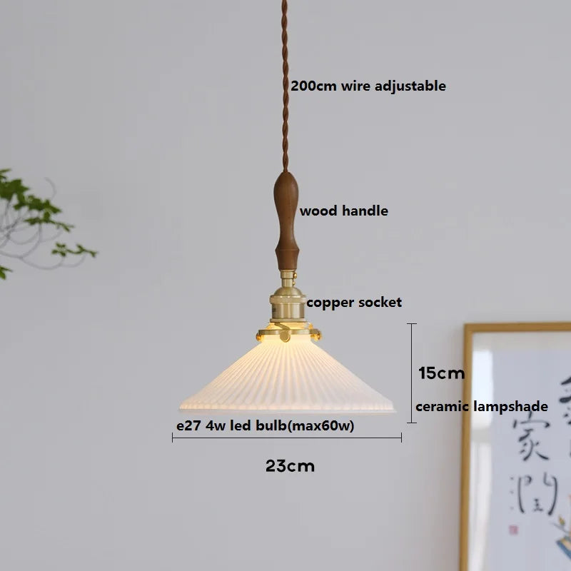 Helnys Ceramic LED Pendant Light with Wood Handle and Copper Socket