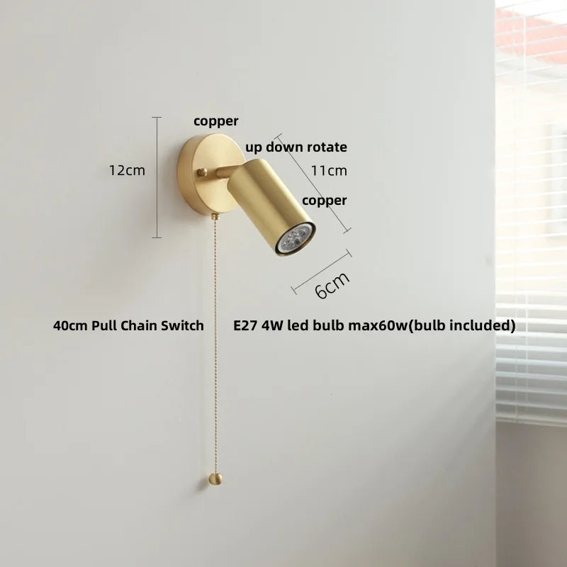 Helnys Nordic Modern Wood Copper Wall Sconce with Pull Chain Switch