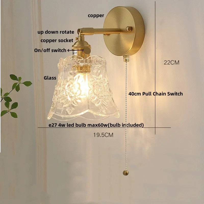Helnys Brass LED Wall Lamp Sconce Pull Chain Switch Stair Light Fixtures