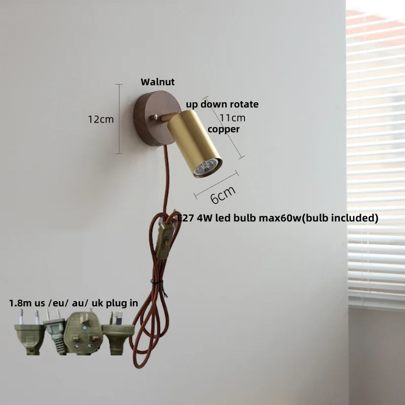 Helnys Nordic Modern Wood Copper Wall Sconce with Pull Chain Switch