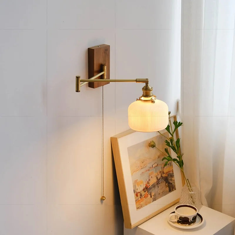 Helnys Walnut Canopy Copper LED Wall Lamp with Rotate Ceramic Lampshade