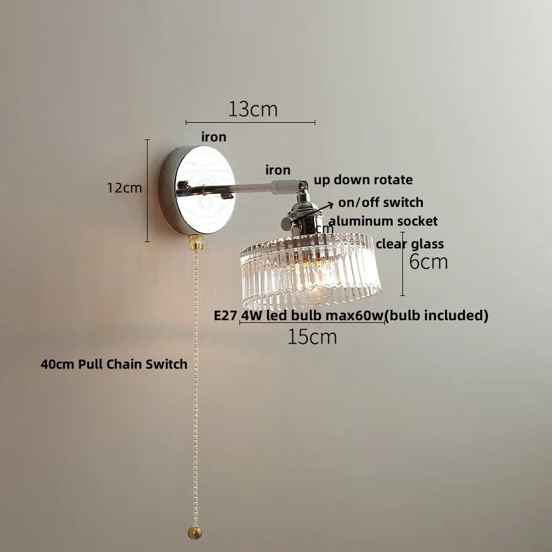 Helnys Clear Glass LED Wall Lamp Pull Chain Switch Up Down Rotatable Stair Light Fixtures