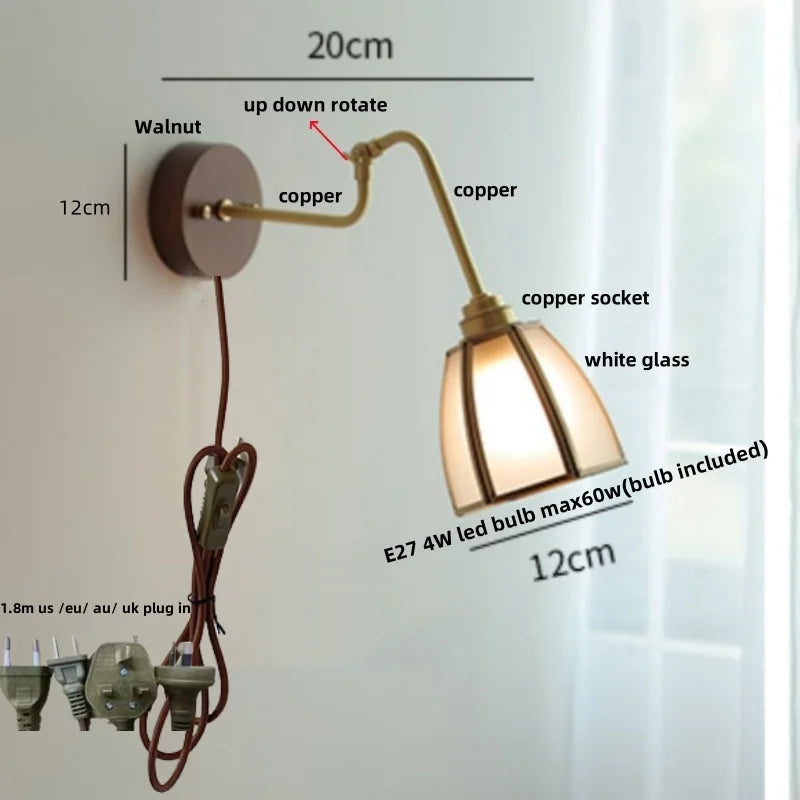 Helnys Clear Glass LED Wall Sconce with Pull Chain Switch & Rotating Walnut Wood Arm