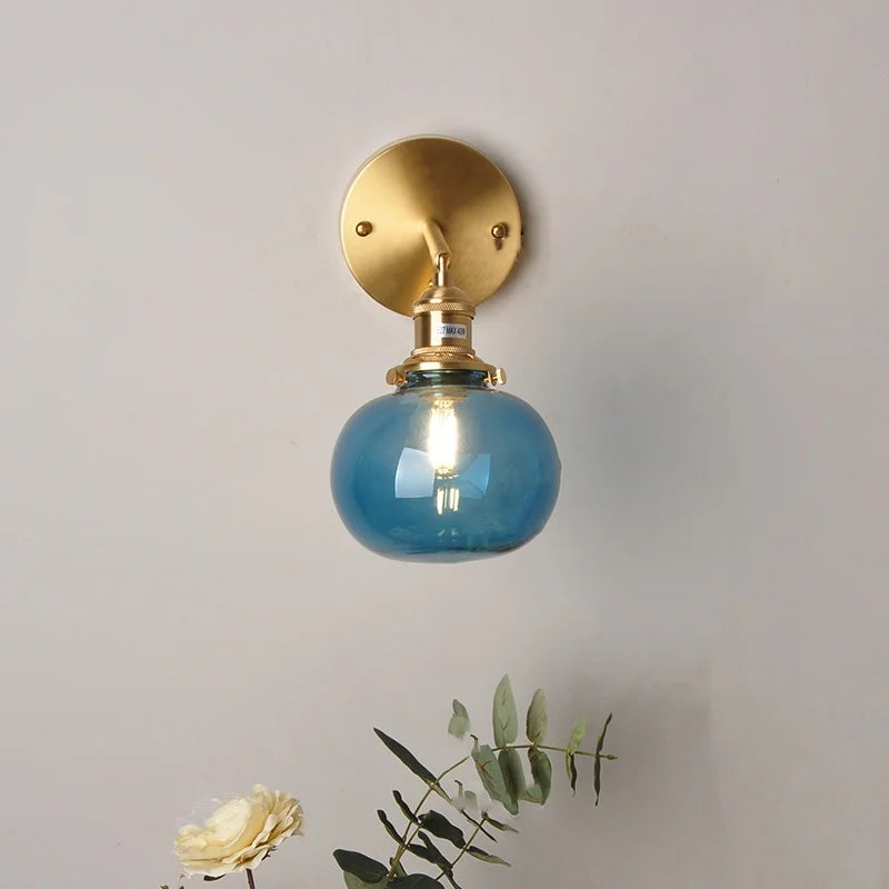 Helnys Vintage Blue Glass LED Wall Lamp with Pull Chain Switch