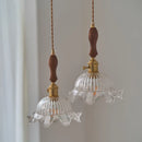 Helnys Nordic Walnut Wood LED Pendant Light with Clear Flower Glass