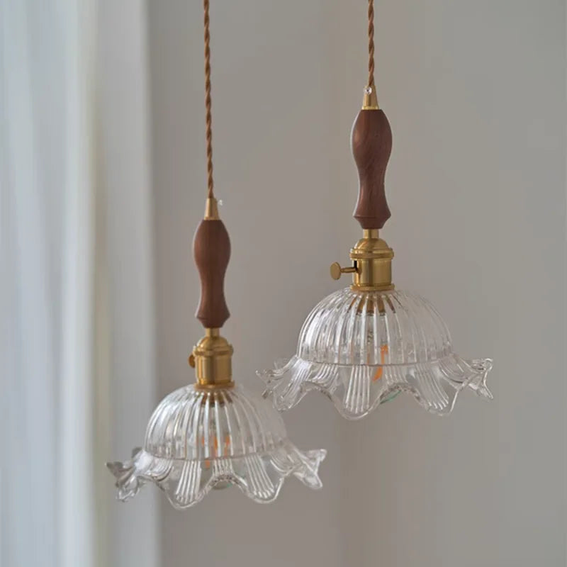 Helnys Nordic Walnut Wood LED Pendant Light with Clear Flower Glass