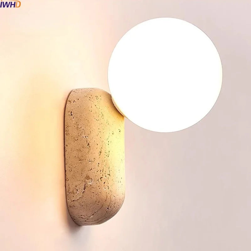 Helnys Wabi Sabi LED Wall Sconce Yellow Travertine Stone Glass Ball Decoration Lamp